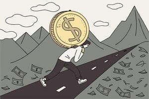 illustration of a person carrying a giant coin symbolizing financial burden while walking along a road surrounded by mountains vector