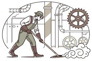 Steampunk style worker cleaning the factory floor with a mop, gears and mechanical pipes in a vintage industrial environment vector