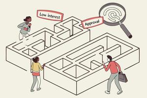 A maze created from giant stacks of paper representing business challenges and approval processes in a conceptual environment vector