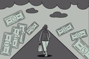 A person walking alone in a dark alley, money falling from the sky, representing the weight of financial burden and emotional struggles vector