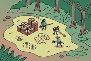 Workers searching for hidden wealth on a surreal treasure map, with piles of gold coins, money, and a giant dollar symbol in the landscape vector
