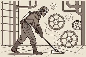Steampunk janitor mopping in a factory with mechanical gears, steam and pipes in the background, industrial vintage theme vector
