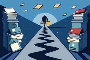 A figure in a maze of paperwork facing challenges on the way to approval and success in a business world vector