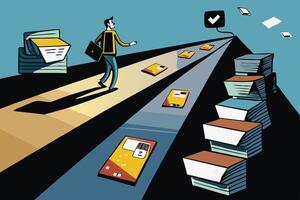 The journey through mountains of paperwork symbolizing business approval, legal obstacles, and financial approval processes vector