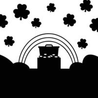 St Patrick Day joyful atmosphere with shamrocks floating under a rainbow, whimsical scene filled with colorful clouds and a magical treasure chest vector