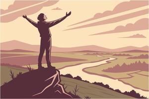 Silhouette of a person standing on a rocky mountain summit, arms raised, basking in the golden light of a sunset, symbolizing freedom and accomplishment vector