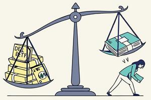 A symbolic balance scale depicting wealth versus work life balance, with stocks on one side and a person walking towards work on the other vector