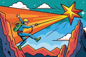 A determined mountaineer conquers a rocky peak while reaching for a star, showcasing resilience and the pursuit of dreams in a bold, dynamic art style vector