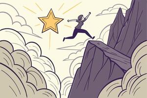 An inspiring illustration of a person leaping towards a star, symbolizing hope, achievement, and perseverance in the face of challenges vector