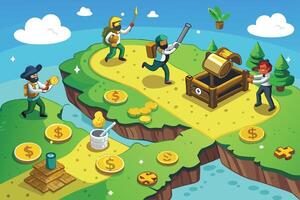 treasure map with workers digging for coins, dollar bills scattered, and mountains surrounding a giant dollar symbol in the distance vector