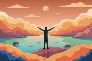 Silhouette of a person standing confidently on a mountaintop, arms open wide, embracing the natural beauty around them, symbolizing victory and freedom vector