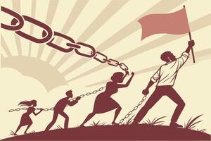 Powerful image depicting people from diverse backgrounds breaking free from chains, symbolizing unity, freedom, and collective empowerment vector