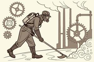 Steampunk janitor cleaning with a mop in an industrial factory setting, gears and smoke in the background vector