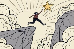 Dynamic and colorful digital art showing a figure jumping towards a shining star, representing the pursuit of dreams and goals through effort and determination vector