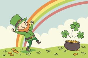 playful leprechaun dancing joyfully in a sunny meadow with clovers, under a rainbow, spreading St Patrick Day joy and good fortune vector