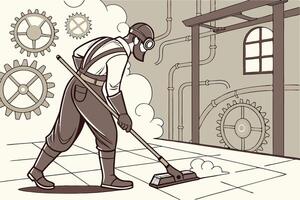 Worker in steampunk inspired attire using a mop to clean the factory floor, surrounded by large gears and industrial pipes vector
