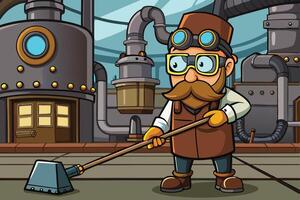 Vintage steampunk janitor cleaning factory floor with steam and gears, mechanical background with pipes in a mechanical style vector