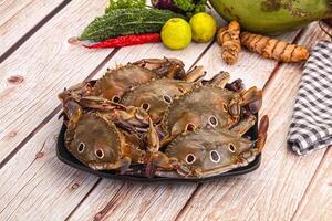 A plate of crabs on a table with a bowl of vegetables photo