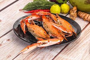 A plate of crabs and vegetables on a table photo