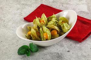 A bowl of green beans with a red napkin on a table photo