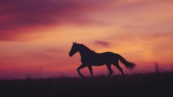 Horse walks gracefully across the field at sunset with vibrant clouds in the background creating a serene atmosphere photo