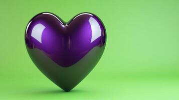 Purple heart decoration sits prominently on a bright green background, showcasing its glossy finish and unique shape, perfect for design or creative concepts photo