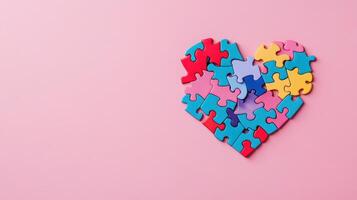 Colorful puzzle pieces arranged in a heart shape on a soft pink background during a creative crafting session photo