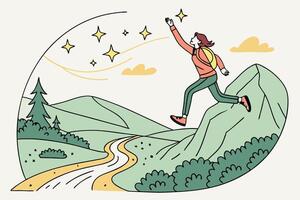 A joyful illustration of a person with a backpack walking up a scenic trail, with stars lighting the way, symbolizing hope and exploration vector