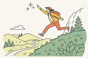 A cheerful illustration of a person on a hiking journey, surrounded by mountains and stars, symbolizing optimism and determination vector