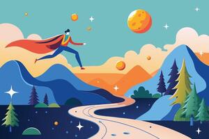 A dynamic and hopeful illustration of a person trekking through a bright, whimsical landscape, symbolizing the pursuit of dreams and self discovery vector