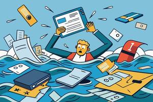 An abstract representation of a person drowning in a sea of financial documents, signifying stress from debts and overwhelming financial burdens vector