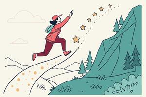 A vibrant and whimsical image of a person hiking up a mountain path, surrounded by stars and a lush landscape, representing adventure and growth vector