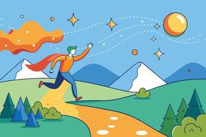 A whimsical and colorful depiction of a person hiking up a vibrant mountain trail, filled with stars, representing dreams and aspirations vector