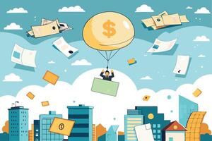 a man is holding on to a parachute bag of money while documents and bills float around in the city skyline vector