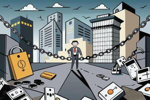 A conceptual image of a person walking through a city with money shackled to their foot, representing financial constraints and the weight of debt vector