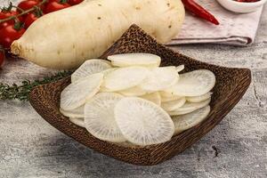 A bowl of sliced potatoes and a bowl of tomatoes photo