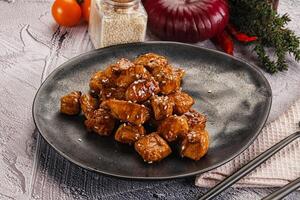 A plate of food with a fork and knife on it photo