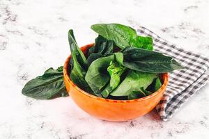 A bowl of spinach on a table photo