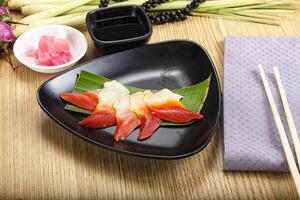 A plate of sushi with chopsticks on a table photo