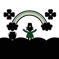 playful leprechaun dances on a bright green hill surrounded by clovers, celebrating St Patrick Day under a colorful rainbow vector