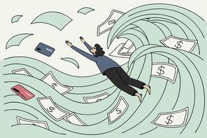 An abstract digital painting illustrating a figure struggling amidst a sea of floating bills and documents, symbolizing financial overwhelm vector