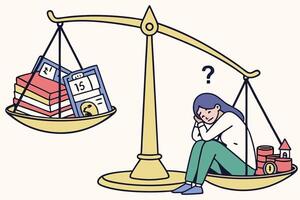 A symbolic illustration of a balance scale with books and a person questioning their life choices, representing decision making and uncertainty vector