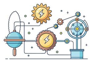 Conceptual digital art of an atom, gears, and energy, symbolizing the connection between science, technology, and electricity in an abstract way vector