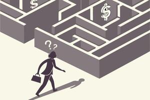 A symbolic figure walking through a labyrinth, with dollar signs in the air, representing the journey toward financial success vector