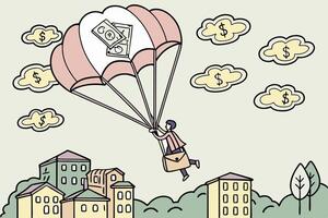 A creative illustration of a person holding onto a floating balloon filled with money, soaring through the clouds, symbolizing success and financial prosperity vector
