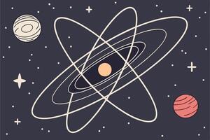 A digital painting of an electron orbiting a glowing atom in a dark cosmic space, illustrating the beauty of atomic structure and energy vector