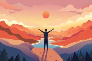 Silhouette of a person standing on a mountain peak, arms raised in triumph, against a backdrop of a setting sun, evoking feelings of success and liberation vector