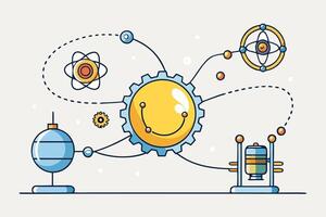 A colorful and creative illustration showcasing the concept of energy, with atoms, electrons, and gears in a dynamic, interconnected system vector