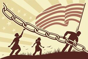 Powerful illustration showing diverse individuals pulling together to break free from chains, symbolizing collective power, social justice, and the fight for freedom vector