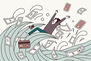 A symbolic digital illustration of a person drowning in an overwhelming flood of paperwork and financial stress, representing debt crisis vector